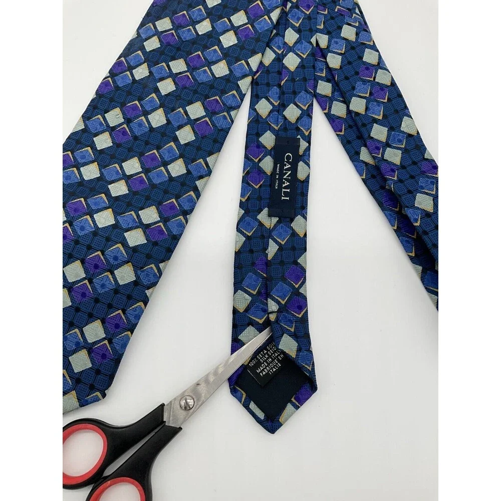 Canali‎ Italy Men's Blue Purple Silver Geometric 100% Silk Neck Tie